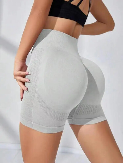 Sieviešu bezšuvju trikotāžas sporta šorti Elastīgi, šauri zeķubikses ar augstu vidukli, paceļot, trenažieru zāle, jogas fitnesa trīspunktu šorti