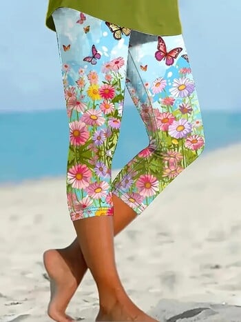 Πεταλούδα & Floral print stretch λεπτή ελαστική μέση στενό casual κολάν capri γυναικεία