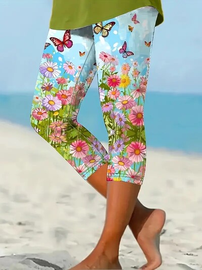 Butterfly& Floral print stretch slim elastīgs viduklis cieši ikdienas legingi capri bikses sievietēm