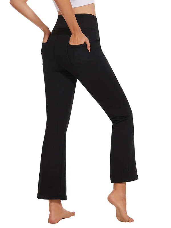 Zsebekkel ellátott leggings karcsú nők számára, magas derekú haskontroll edzés jóga nadrágok nadrágok kiszélesedő nadrágok