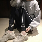 Ανοιξιάτικο νέο παντελόνι με μήκος στον αστράγαλο Κορεάτικο Commute Γυναικείο ματισμένο ριγέ ελαστικό κολάν με ψηλόμεσο λεπτή εφαρμογή