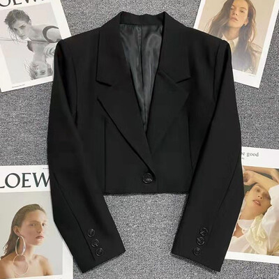 Xpqbb Black Cropped Blazers Woman Trend 2024, jauns, pilnīgi atbilstošs robains apkakles apkakle, sieviešu korejiešu elegants uzvalka mētelis ar vienu pogu