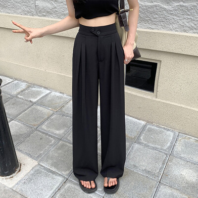 Preklopne ravne široke ležerne jednobojne hlače širokih džepova okomitih dugih hlača Uredska ženska odjeća ljetna francuska elegantna