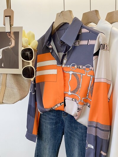 Prabangaus prekės ženklo dizaino imitacijos šilko oranžinės pilkos spalvos marškiniai ilgomis rankovėmis moterims Elegantiški madingi moteriški palaidiniai Biuro drabužiai viršutiniai drabužiai