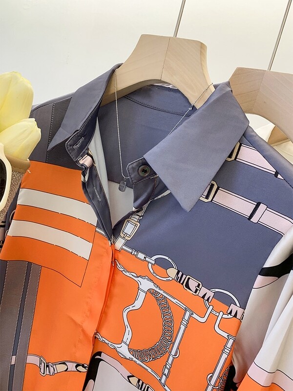 Prabangaus prekės ženklo dizaino imitacijos šilko oranžinės pilkos spalvos marškiniai ilgomis rankovėmis moterims Elegantiški madingi moteriški palaidiniai Biuro drabužiai viršutiniai drabužiai