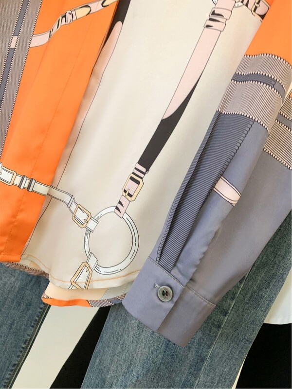 Prabangaus prekės ženklo dizaino imitacijos šilko oranžinės pilkos spalvos marškiniai ilgomis rankovėmis moterims Elegantiški madingi moteriški palaidiniai Biuro drabužiai viršutiniai drabužiai