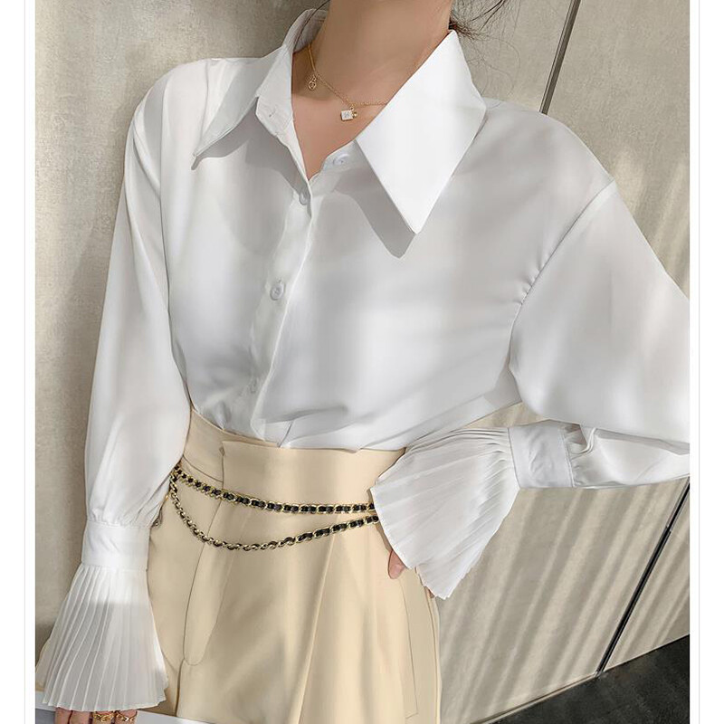 Plisirana košulja s lepršavim rukavima Ženske bijele francuske vintage chic elegantne bluze dugih rukava Modne klasične uredske dame jednobojne majice