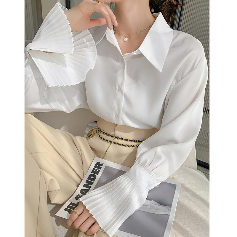 Plisirana košulja s lepršavim rukavima Ženske bijele francuske vintage chic elegantne bluze dugih rukava Modne klasične uredske dame jednobojne majice