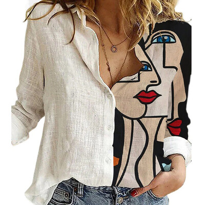 Jauns krekls ar raibām apdrukām Sieviešu ar nolaižamu apkakli ar garām piedurknēm krekls ar vienrindu Modes ikdienas biroja sieviešu apģērbi