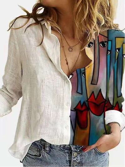 Jauns krekls ar raibām apdrukām Sieviešu ar nolaižamu apkakli ar garām piedurknēm krekls ar vienrindu Modes ikdienas biroja sieviešu apģērbi