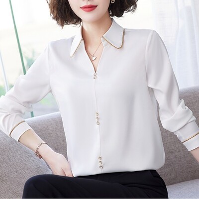 Proljeće Jesen Ženska odjeća Pulover s dugmadima Pulover s V-izrezom od šifona Uredska ženska majica dugih rukava