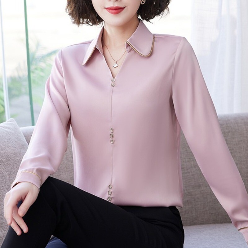 Proljeće Jesen Ženska odjeća Pulover s dugmadima Pulover s V-izrezom od šifona Uredska ženska majica dugih rukava