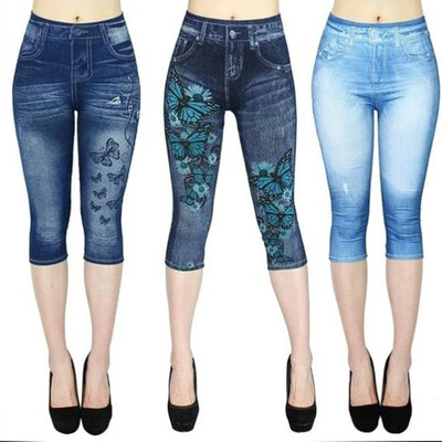 Jambiere de blugi falși pentru femei, cu imprimeu stretch, pantaloni scurti de talie mare, până la gamba, pantaloni de vară cu talie înaltă.