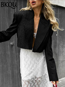 BKQU prugasti skraćeni blejzeri za žene 2024. Novi dugi rukavi s urezanim ovratnikom, uska kratka jakna, modni prikladni uredski kaput za dame