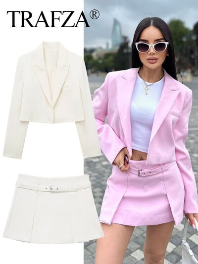 TRAFZA Set de fuste cu blazer casual pentru femei, solid subțire, top cu mânecă lungă + curea cu fermoar, mini fustă pliabilă, pantaloni scurți 2024 Office Lady Seturi 2 piese