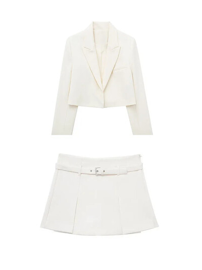 TRAFZA Set de fuste cu blazer casual pentru femei, solid subțire, top cu mânecă lungă + curea cu fermoar, mini fustă pliabilă, pantaloni scurți 2024 Office Lady Seturi 2 piese