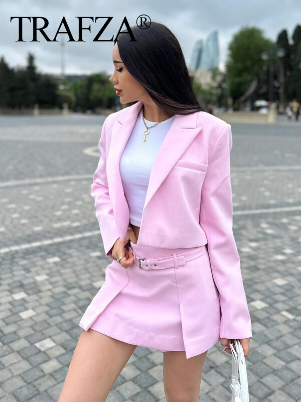TRAFZA Set de fuste cu blazer casual pentru femei, solid subțire, top cu mânecă lungă + curea cu fermoar, mini fustă pliabilă, pantaloni scurți 2024 Office Lady Seturi 2 piese