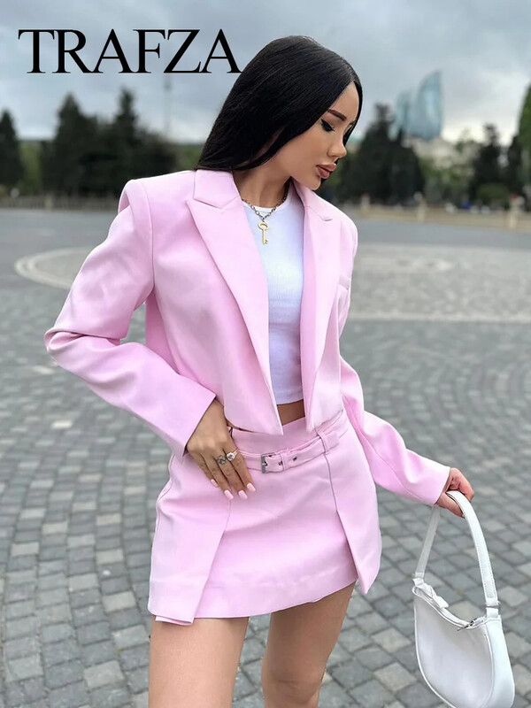 TRAFZA Set de fuste cu blazer casual pentru femei, solid subțire, top cu mânecă lungă + curea cu fermoar, mini fustă pliabilă, pantaloni scurți 2024 Office Lady Seturi 2 piese