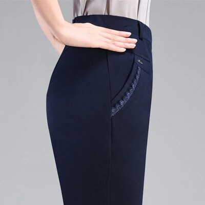 Pantaloni de vară pentru femei de vârstă mijlocie și bătrâne, cu talie elastică subțire, pantaloni drepți largi, pantaloni lungi casual pentru mamă XL-6XL W2325