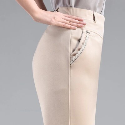 Pantaloni de vară pentru femei de vârstă mijlocie și bătrâne, cu talie elastică subțire, pantaloni drepți largi, pantaloni lungi casual pentru mamă XL-6XL W2325