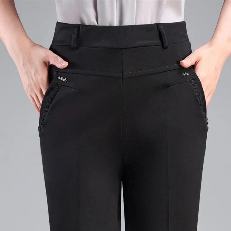 Pantaloni de vară pentru femei de vârstă mijlocie și bătrâne, cu talie elastică subțire, pantaloni drepți largi, pantaloni lungi casual pentru mamă XL-6XL W2325
