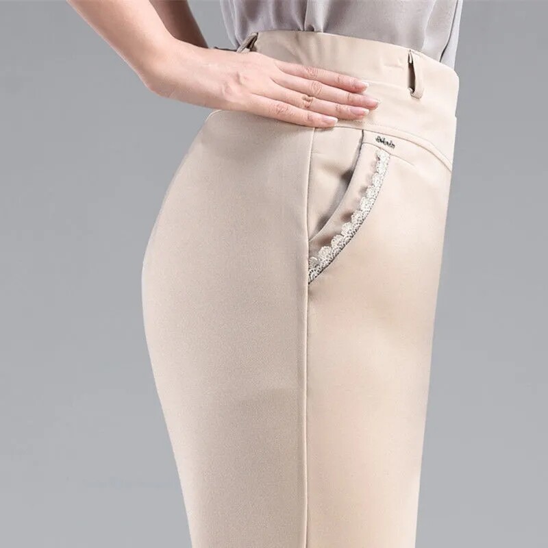 Pantaloni de vară pentru femei de vârstă mijlocie și bătrâne, cu talie elastică subțire, pantaloni drepți largi, pantaloni lungi casual pentru mamă XL-6XL W2325
