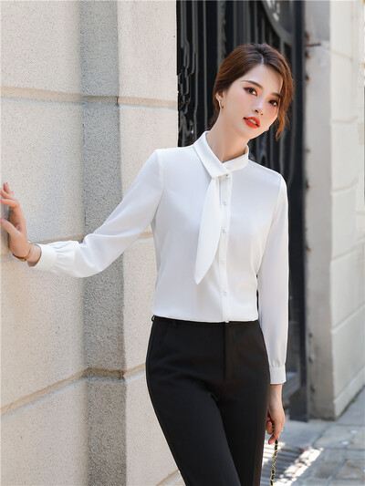 Γυναικεία κομψά μακρυμάνικα πουκάμισα Μπλε λευκό ροζ παπιγιόν εργασίας Μπλούζα Επίσημη μπλούζα offcie μόδα φθινόπωρο 2023