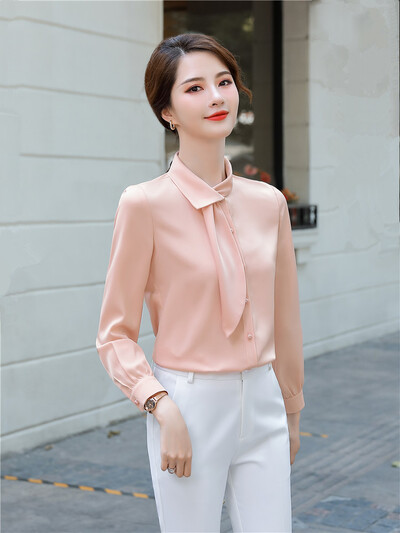 Γυναικεία κομψά μακρυμάνικα πουκάμισα Μπλε λευκό ροζ παπιγιόν εργασίας Μπλούζα Επίσημη μπλούζα offcie μόδα φθινόπωρο 2023