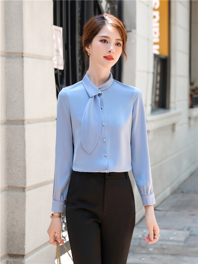 Γυναικεία κομψά μακρυμάνικα πουκάμισα Μπλε λευκό ροζ παπιγιόν εργασίας Μπλούζα Επίσημη μπλούζα offcie μόδα φθινόπωρο 2023