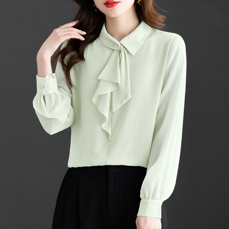 Pavasara rudens elegants modes šalle apkakles krekls sievietēm ar garām piedurknēm vienkrāsains, vienkāršs korejiešu OL stila topis sievietēm ikdienas blūze