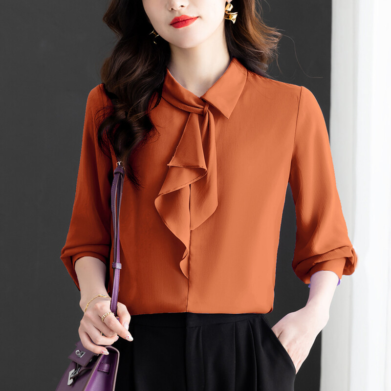 Pavasara rudens elegants modes šalle apkakles krekls sievietēm ar garām piedurknēm vienkrāsains, vienkāršs korejiešu OL stila topis sievietēm ikdienas blūze
