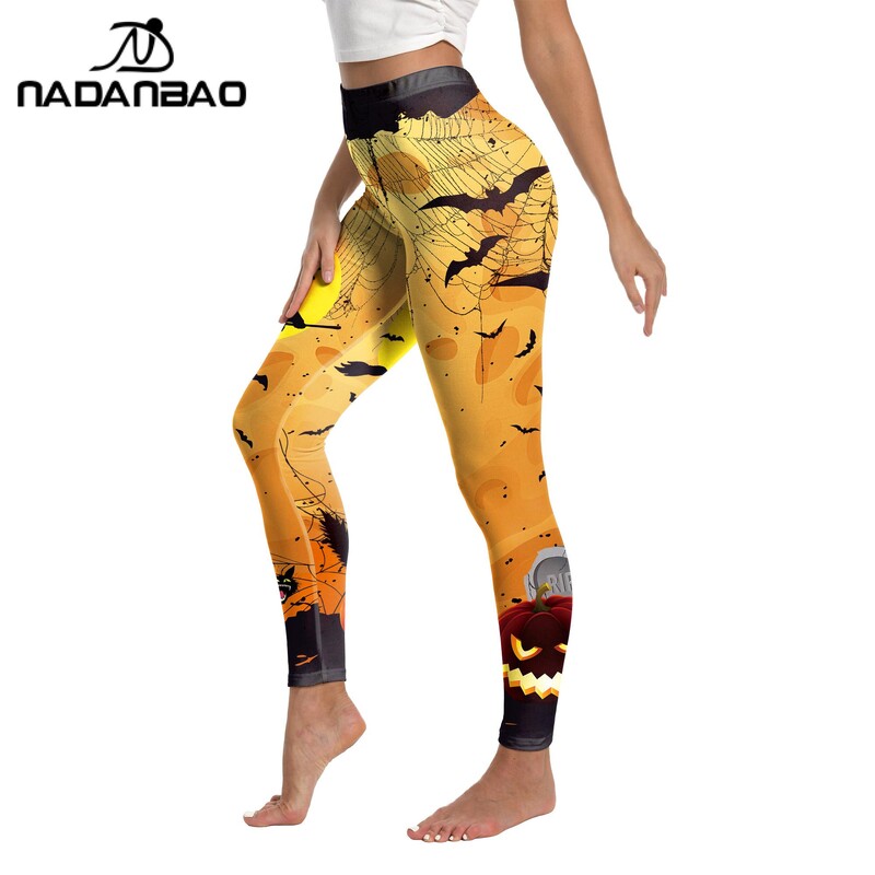 Nadanbao Leggings de vară noi pentru femei, sexy, cu model de stil întunecat, imprimat 3D, cu talie înaltă, carnaval de Halloween, cu împingere în sus.