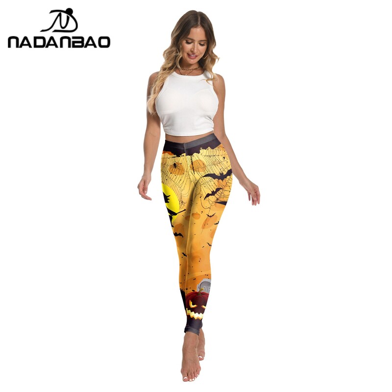 Nadanbao Leggings de vară noi pentru femei, sexy, cu model de stil întunecat, imprimat 3D, cu talie înaltă, carnaval de Halloween, cu împingere în sus.