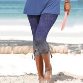 Sieviešu vasaras ziedu apdrukas modes ikdienas legingi kūrorta stilā, stingra aukliņa, apgriezta plus izmēra sīki legingi sievietēm