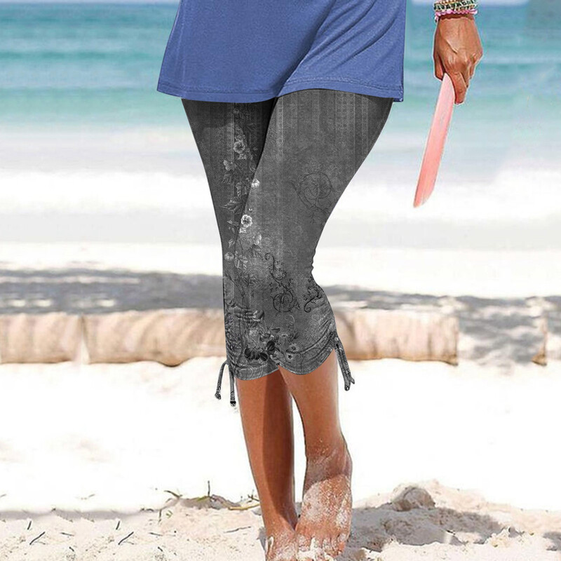 Sieviešu vasaras ziedu apdrukas modes ikdienas legingi kūrorta stilā, stingra aukliņa, apgriezta plus izmēra sīki legingi sievietēm