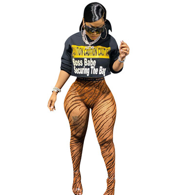 CM.YAYA Sieviešu legingi Tīģera svītraini apdrukai vidukļa vidū Elastīgi pilna garuma legingi Sieviešu modes seksīgi ielu apģērbi vasarā