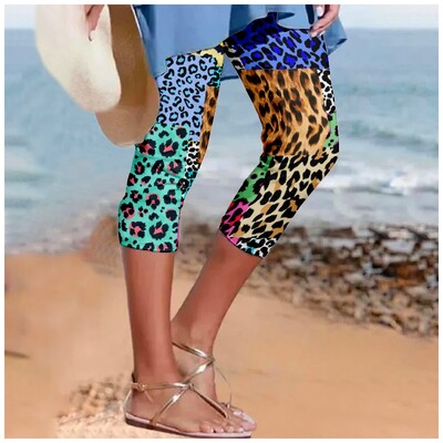 Pantaloni de vară pentru femei, cu imprimeu leopard, pantaloni Y2k, pantaloni retro de plajă, îmbrăcăminte de stradă pentru femei, jambiere casual, pantaloni de fitness, haine capri