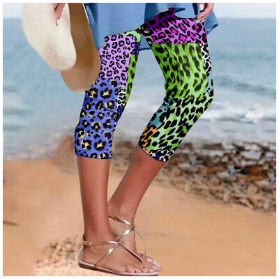 Pantaloni de vară pentru femei, cu imprimeu leopard, pantaloni Y2k, pantaloni retro de plajă, îmbrăcăminte de stradă pentru femei, jambiere casual, pantaloni de fitness, haine capri
