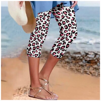 Pantaloni de vară pentru femei, cu imprimeu leopard, pantaloni Y2k, pantaloni retro de plajă, îmbrăcăminte de stradă pentru femei, jambiere casual, pantaloni de fitness, haine capri