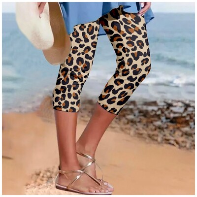 Pantaloni de vară pentru femei, cu imprimeu leopard, pantaloni Y2k, pantaloni retro de plajă, îmbrăcăminte de stradă pentru femei, jambiere casual, pantaloni de fitness, haine capri