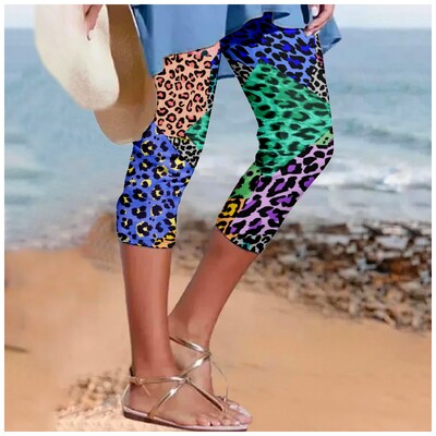 Pantaloni de vară pentru femei, cu imprimeu leopard, pantaloni Y2k, pantaloni retro de plajă, îmbrăcăminte de stradă pentru femei, jambiere casual, pantaloni de fitness, haine capri