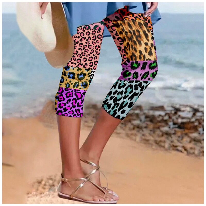 Pantaloni de vară pentru femei, cu imprimeu leopard, pantaloni Y2k, pantaloni retro de plajă, îmbrăcăminte de stradă pentru femei, jambiere casual, pantaloni de fitness, haine capri