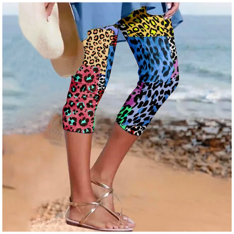 Pantaloni de vară pentru femei, cu imprimeu leopard, pantaloni Y2k, pantaloni retro de plajă, îmbrăcăminte de stradă pentru femei, jambiere casual, pantaloni de fitness, haine capri