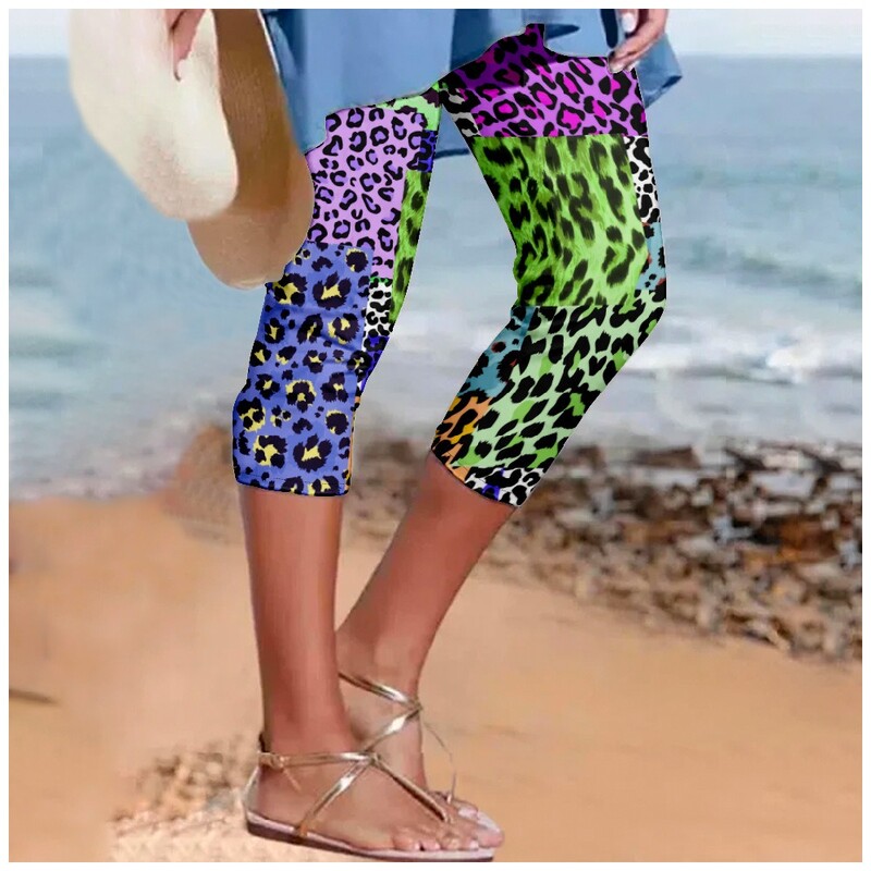 Pantaloni de vară pentru femei, cu imprimeu leopard, pantaloni Y2k, pantaloni retro de plajă, îmbrăcăminte de stradă pentru femei, jambiere casual, pantaloni de fitness, haine capri