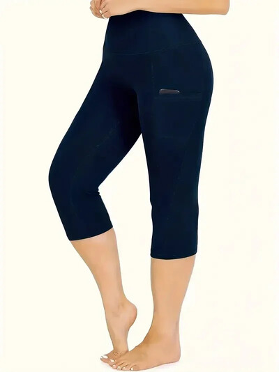 Plus veličina 1XL-5XL Ženske ljetne jednobojne džepove, uske hlače visokog struka, svestrane elastične udobne tajice, skraćene hlače