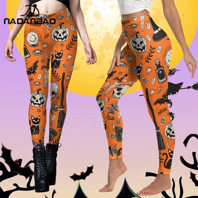 NADANBAO Jambiere portocalie pentru femei Pantaloni skinny cu model de liliac dovleac Pantaloni de petrecere Halloween Carnaval Cosplay