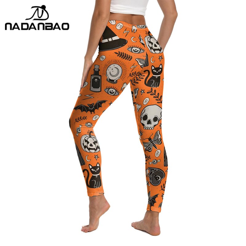 NADANBAO narancssárga legging női vékony nadrág denevér tök mintás nadrág Halloween karneváli cosplay jelmez