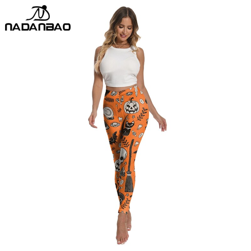 NADANBAO narancssárga legging női vékony nadrág denevér tök mintás nadrág Halloween karneváli cosplay jelmez