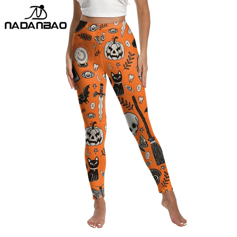 NADANBAO narancssárga legging női vékony nadrág denevér tök mintás nadrág Halloween karneváli cosplay jelmez