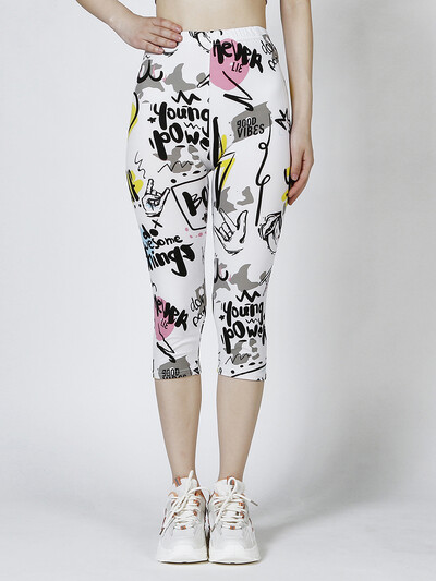 CUHAKCI vasaras baltā dzeltenā burtu apdruka Apgrieztas bikses Mīkstas elastīgas ikdienas Kapri sporta joga sieviešu apģērbi fitnesa legingi